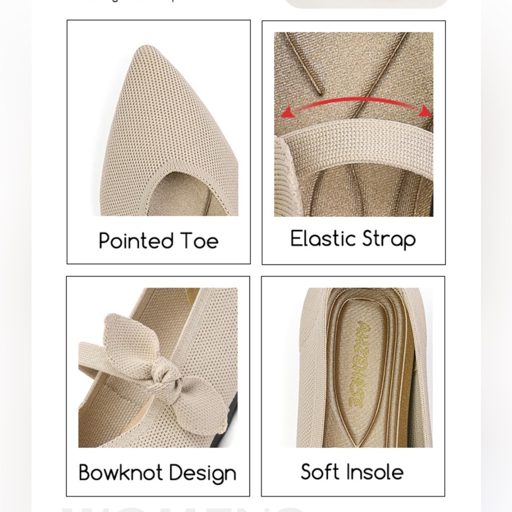 Women's Beige Pointed-Toe Mary Jane Knit Flats With Bow, Size 9 - Picture 13 of 14